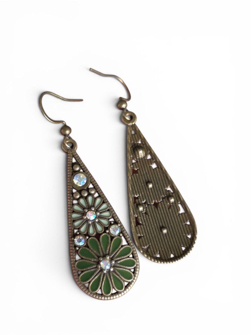Olive Floral Boho Vintage Teardrop Earrings Bronze Dangle Jewelry - Picture 3 of 3